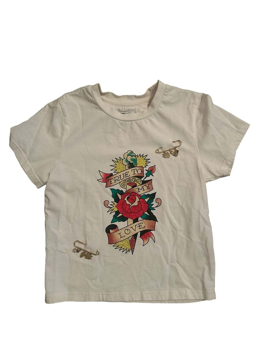 Ed Hardy White Dagger and Rose Graphic Baby T-Shirt with Pin Charms